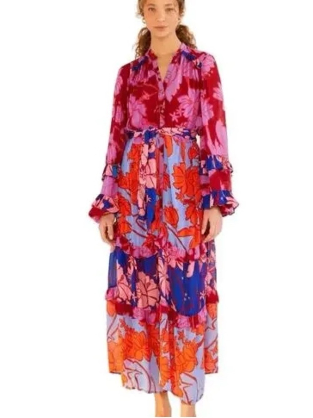 FARM Rio Red Pink Blue Floral Tiered Maxi Dress